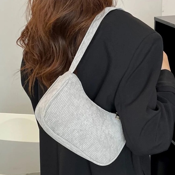 Corduroy Shoulder Bag in Light Grey | Gray Crescent Moon Everyday Purse NWT - Picture 3 of 6